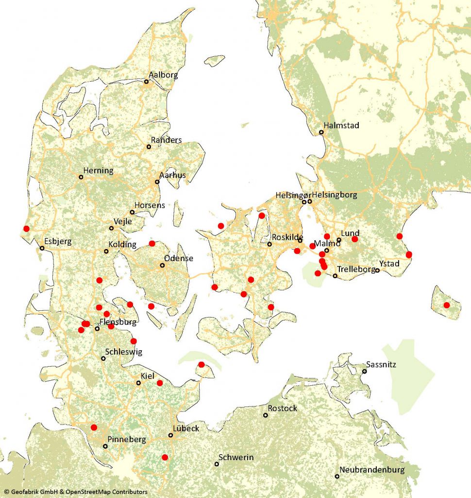 Karta visande projektområdena i Sverige, Danmark och Tyskland