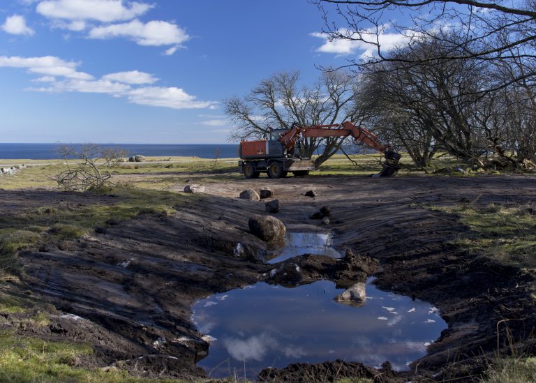 Nygrävd våtmark med grävmaskin och havet i bakgrunden på Ravlunda skjutfält